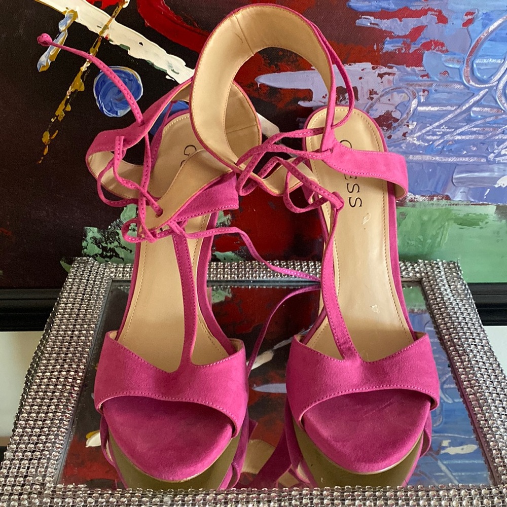 Guess Pink Suede Sandal Size 10 5 inch heels Don’t have box